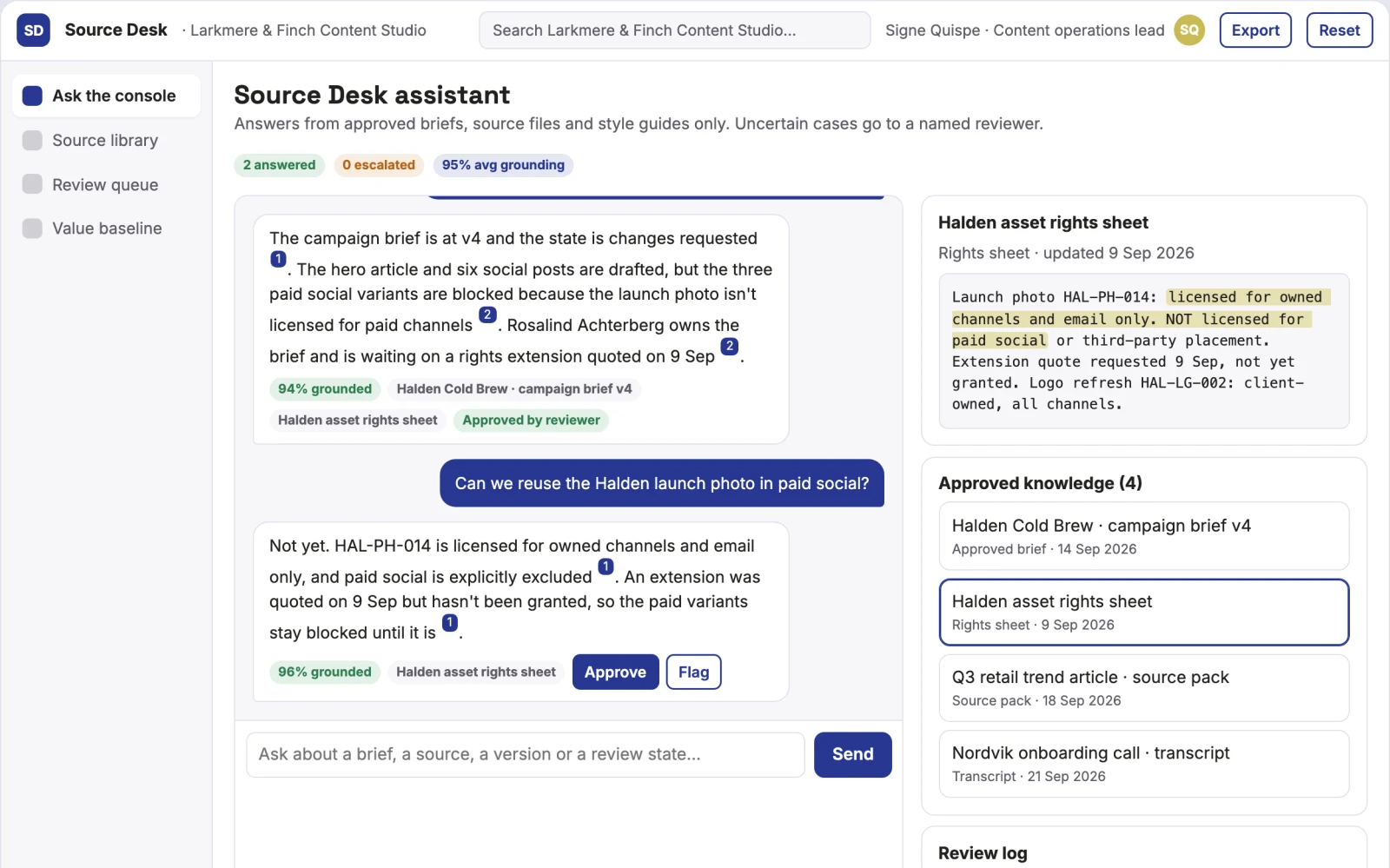 Screenshot of the Source-linked multi-format content and answer console interactive demo