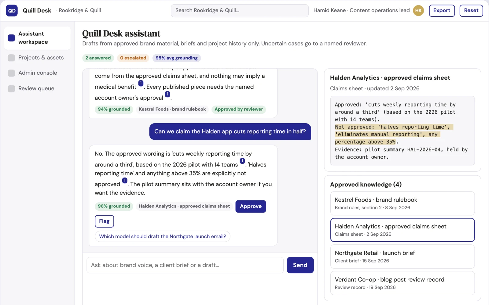 Screenshot of the Source-linked multi-model assistant and admin console interactive demo