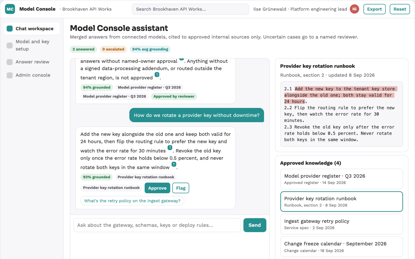 Screenshot of the Source-linked multi-model assistant console interactive demo