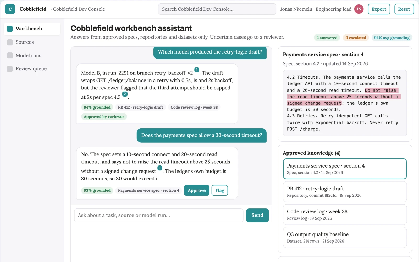 Screenshot of the Source-linked multi-model text and code workbench interactive demo
