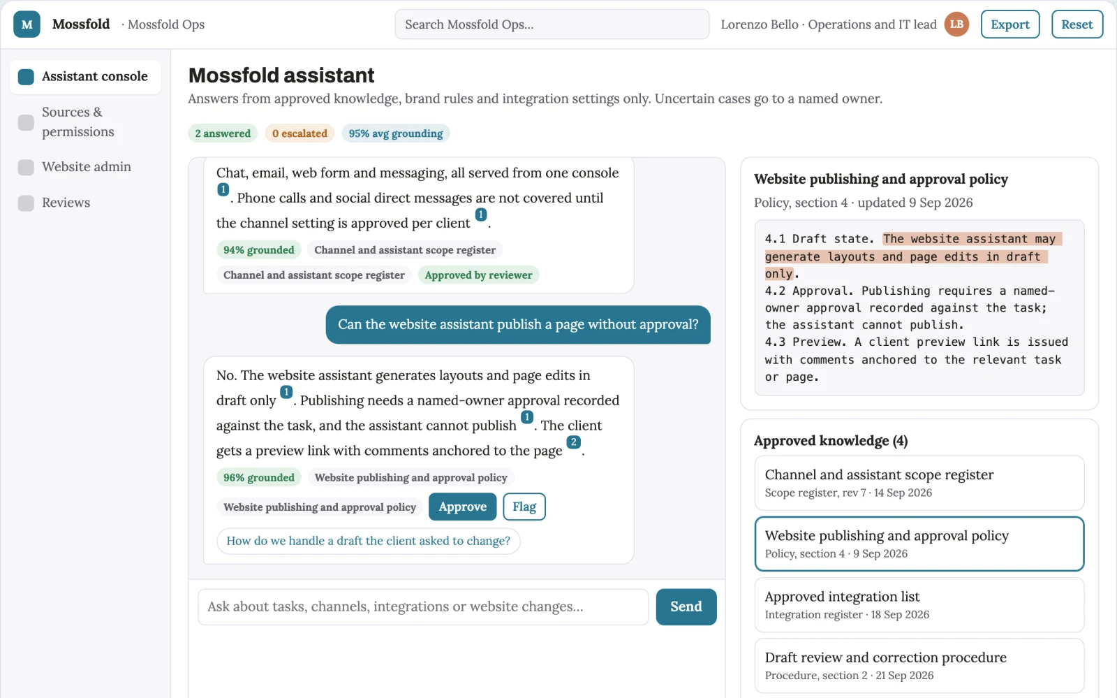 Screenshot of the Source-linked office and website assistant console interactive demo