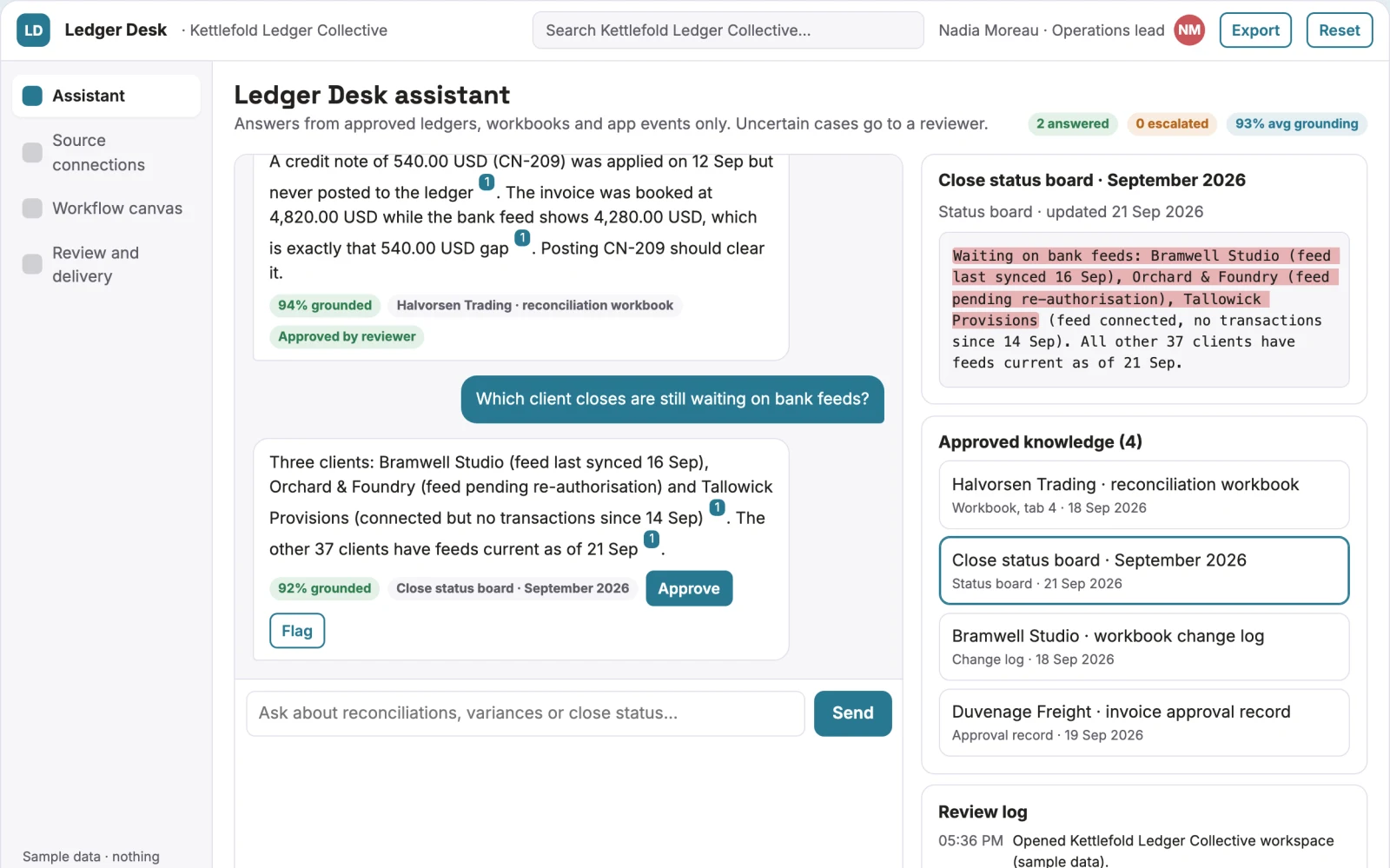 Screenshot of the Source-linked operations assistant and admin console interactive demo