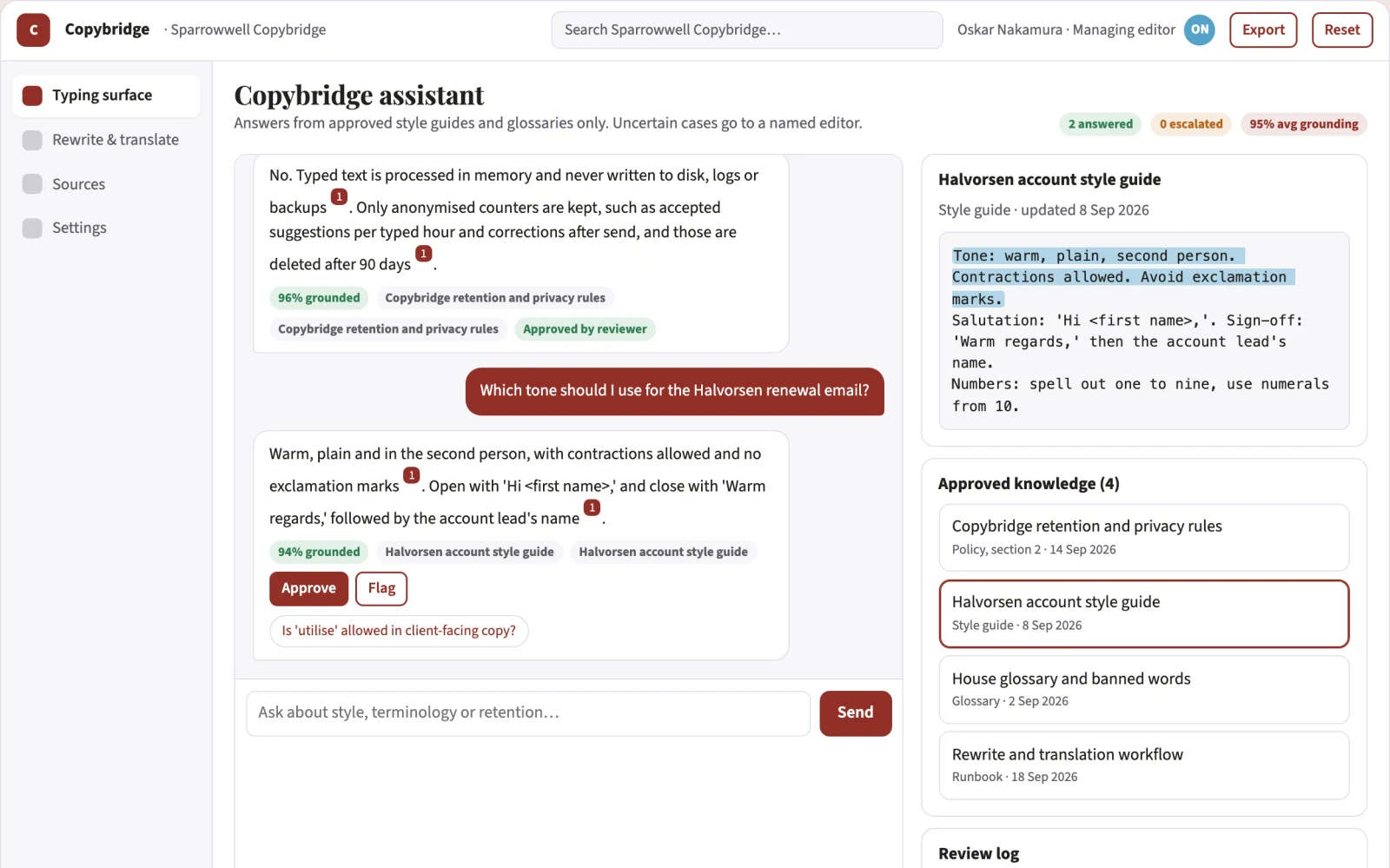 Screenshot of the Source-linked predictive writing keyboard console interactive demo