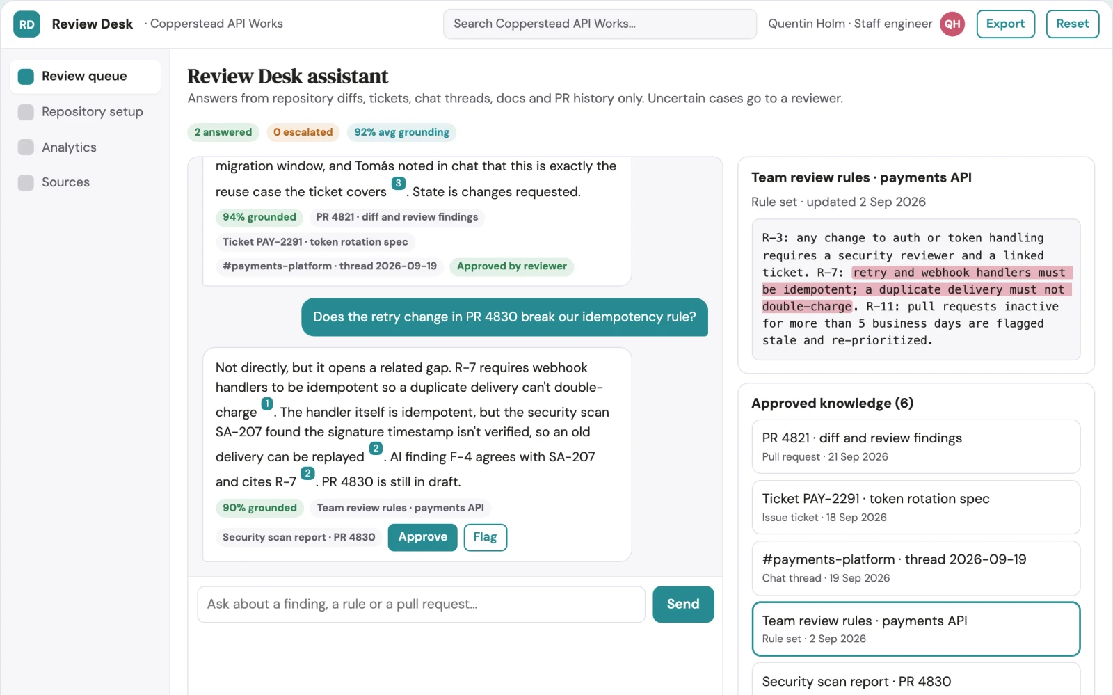 Screenshot of the Source-linked pull request review console interactive demo