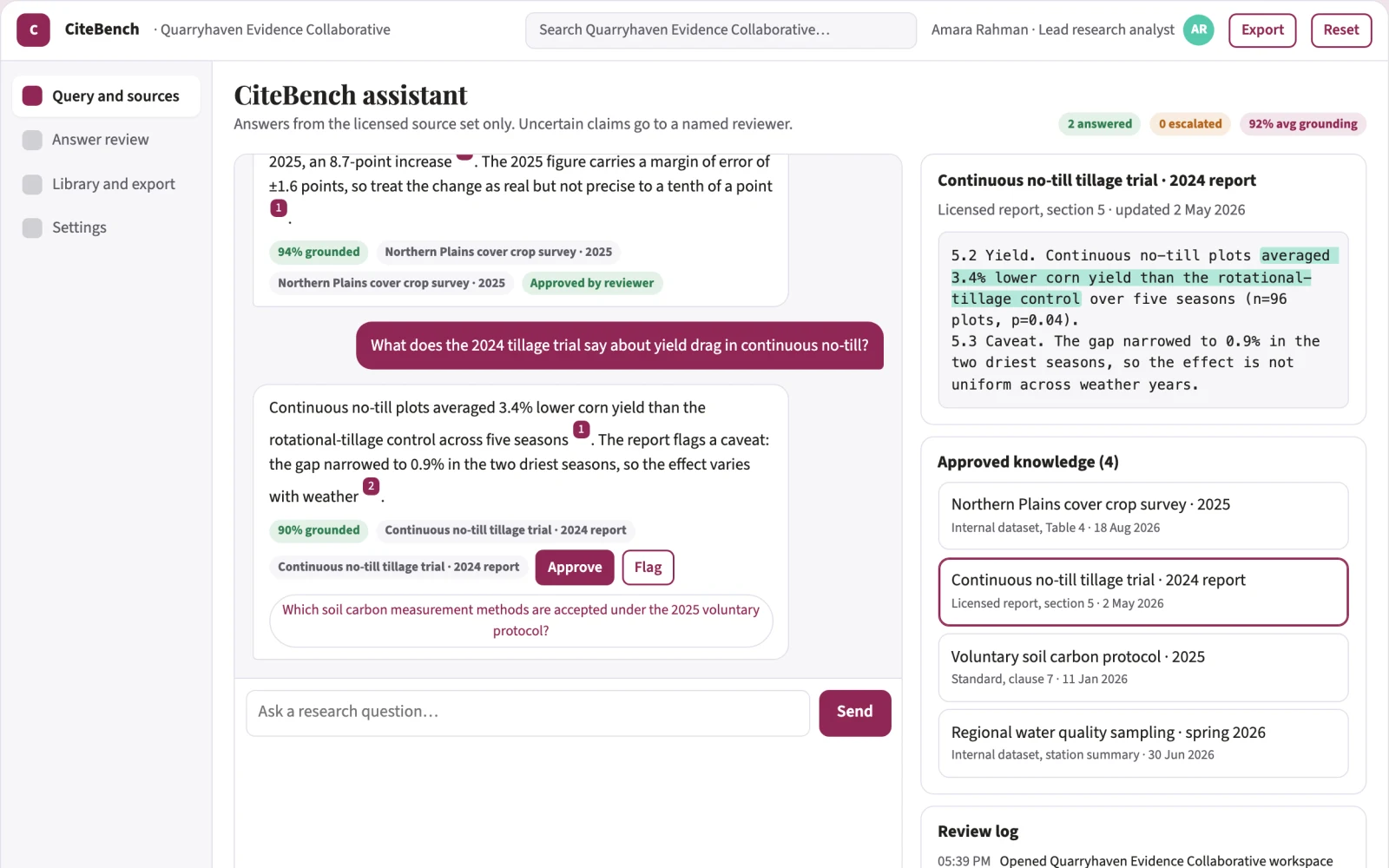 Screenshot of the Source-linked research answer workbench interactive demo