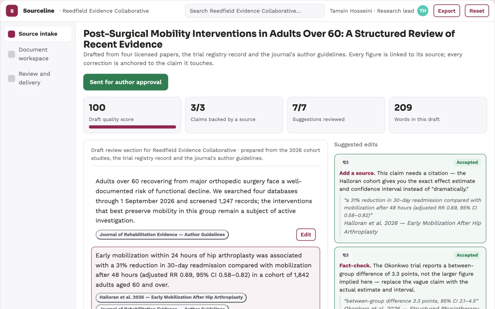 Screenshot of the Source-linked research writing and review workbench interactive demo