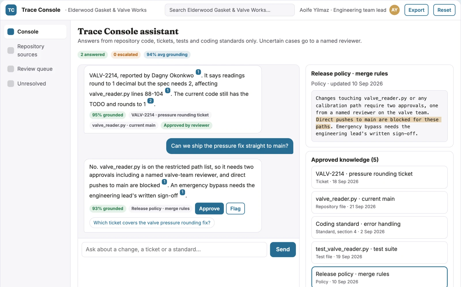 Screenshot of the Source-linked software development assistant console interactive demo