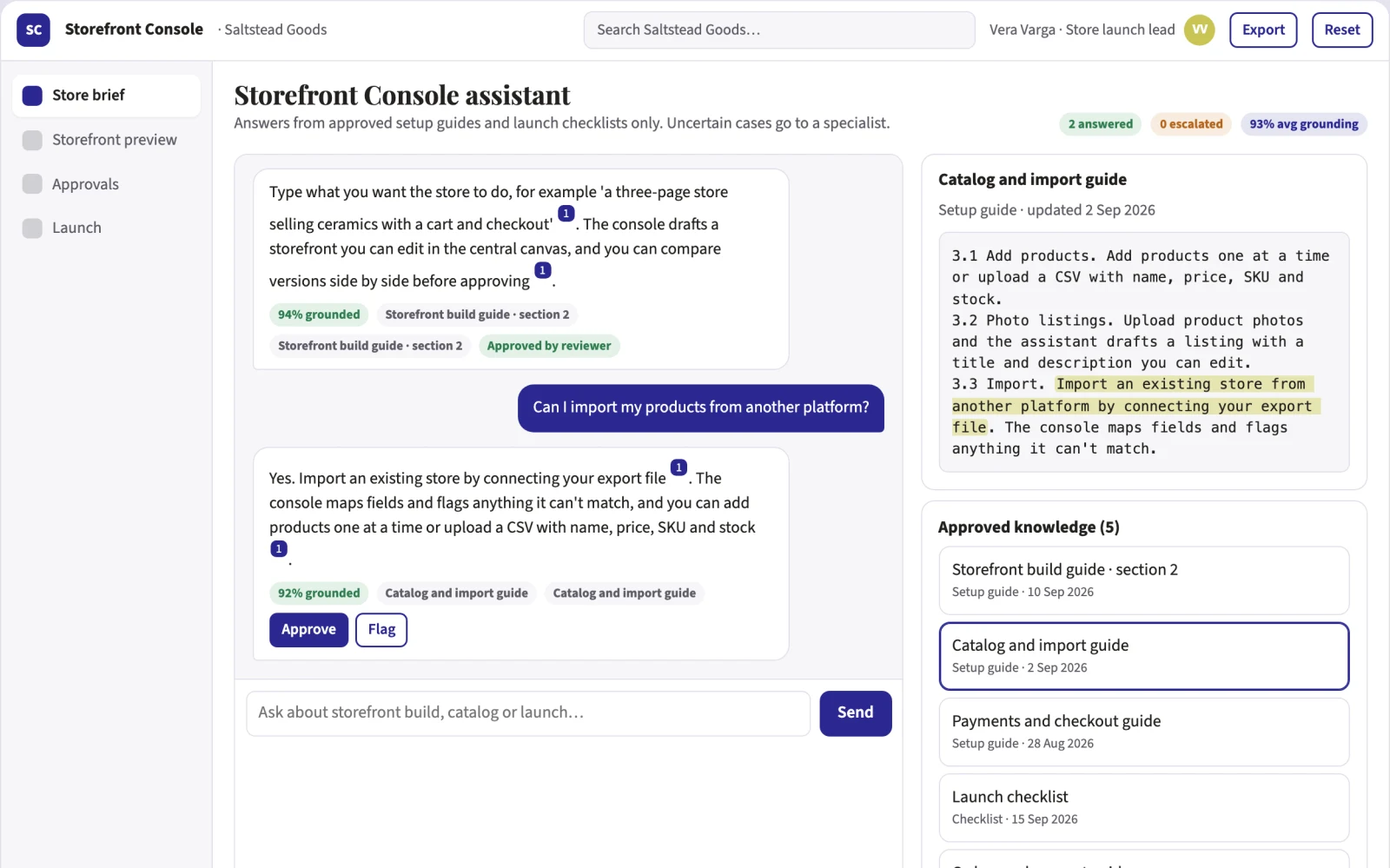 Screenshot of the Source-linked storefront build and launch console interactive demo