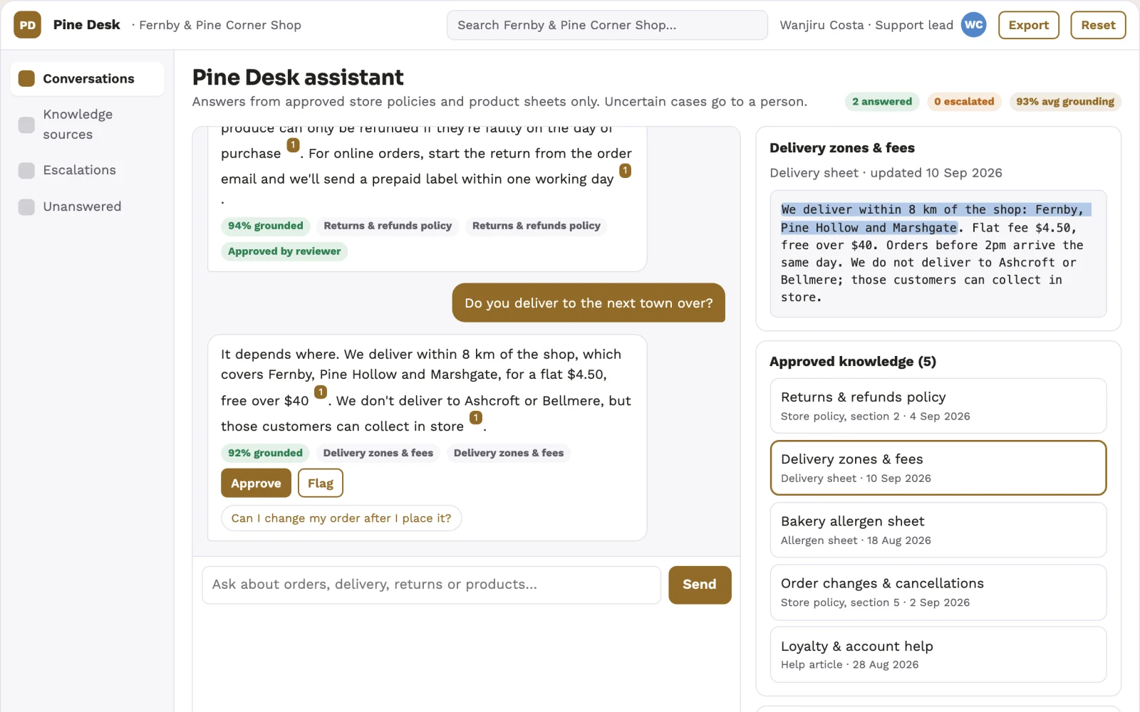 Screenshot of the Source-linked support assistant and admin console interactive demo