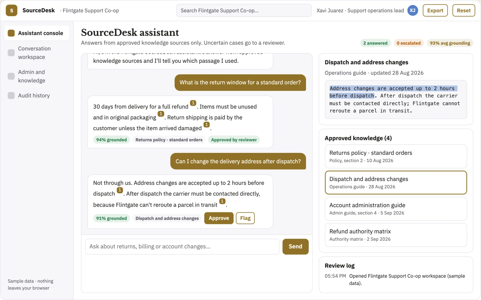 Screenshot of the Source-linked support assistant and admin console interactive demo
