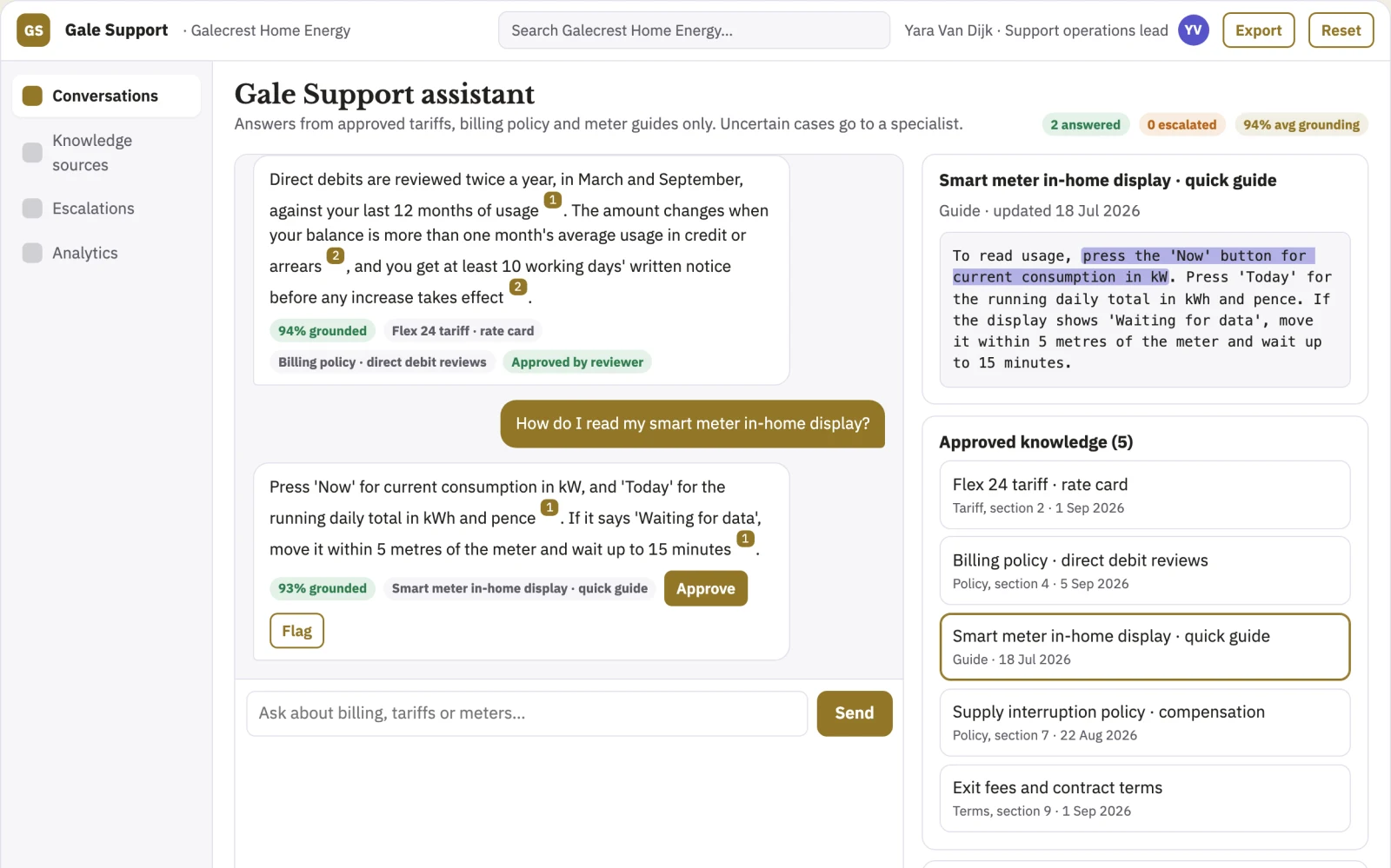 Screenshot of the Source-linked support assistant and admin console interactive demo