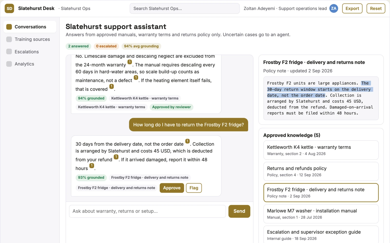 Screenshot of the Source-linked support assistant and admin console interactive demo