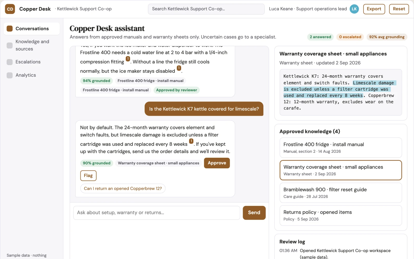 Screenshot of the Source-linked support assistant and admin console interactive demo