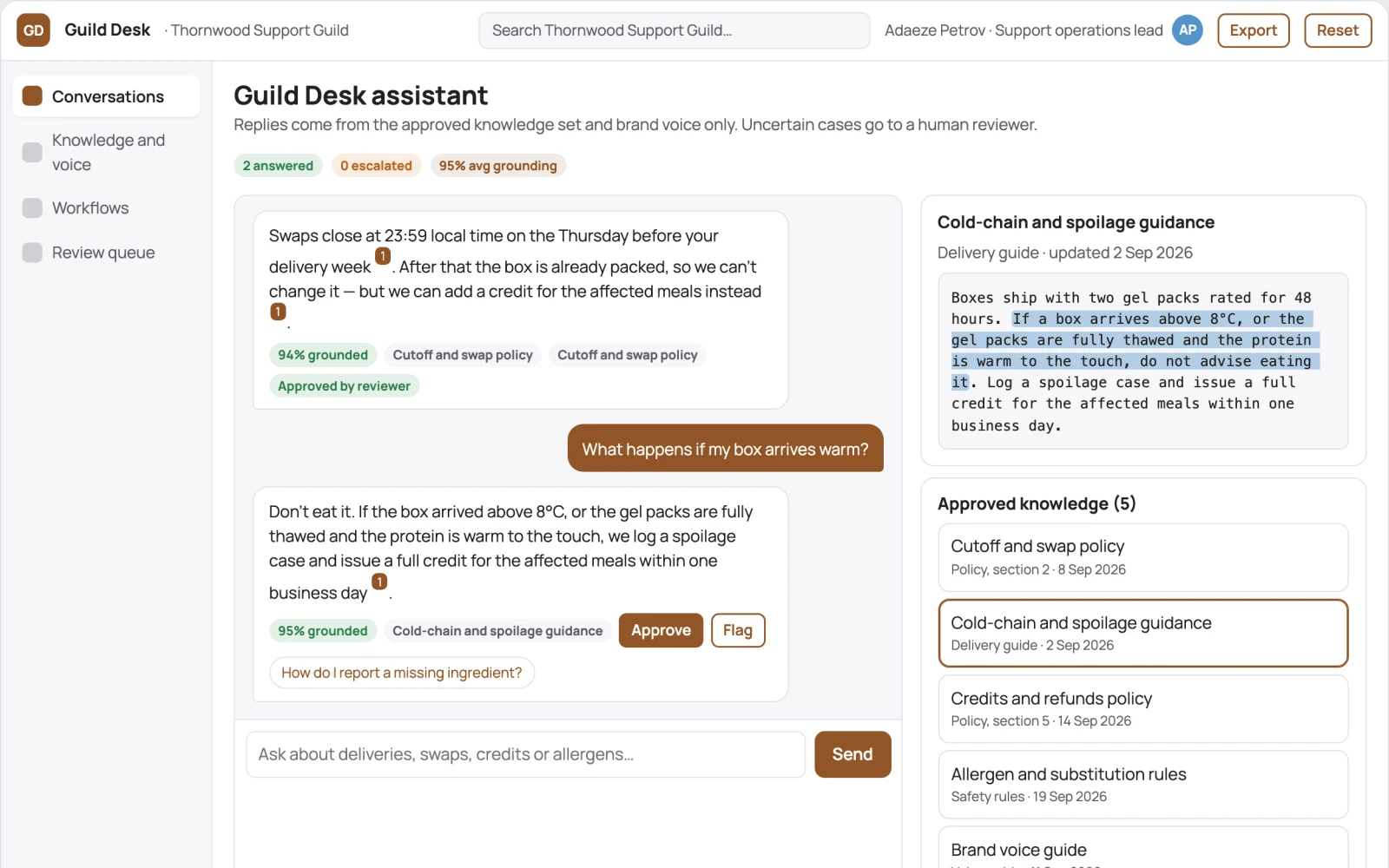 Screenshot of the Source-linked support chat and automation console interactive demo