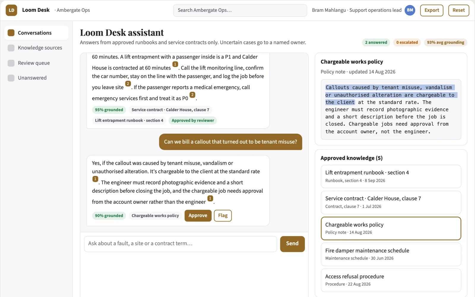 Screenshot of the Source-linked support chatbot builder and console interactive demo