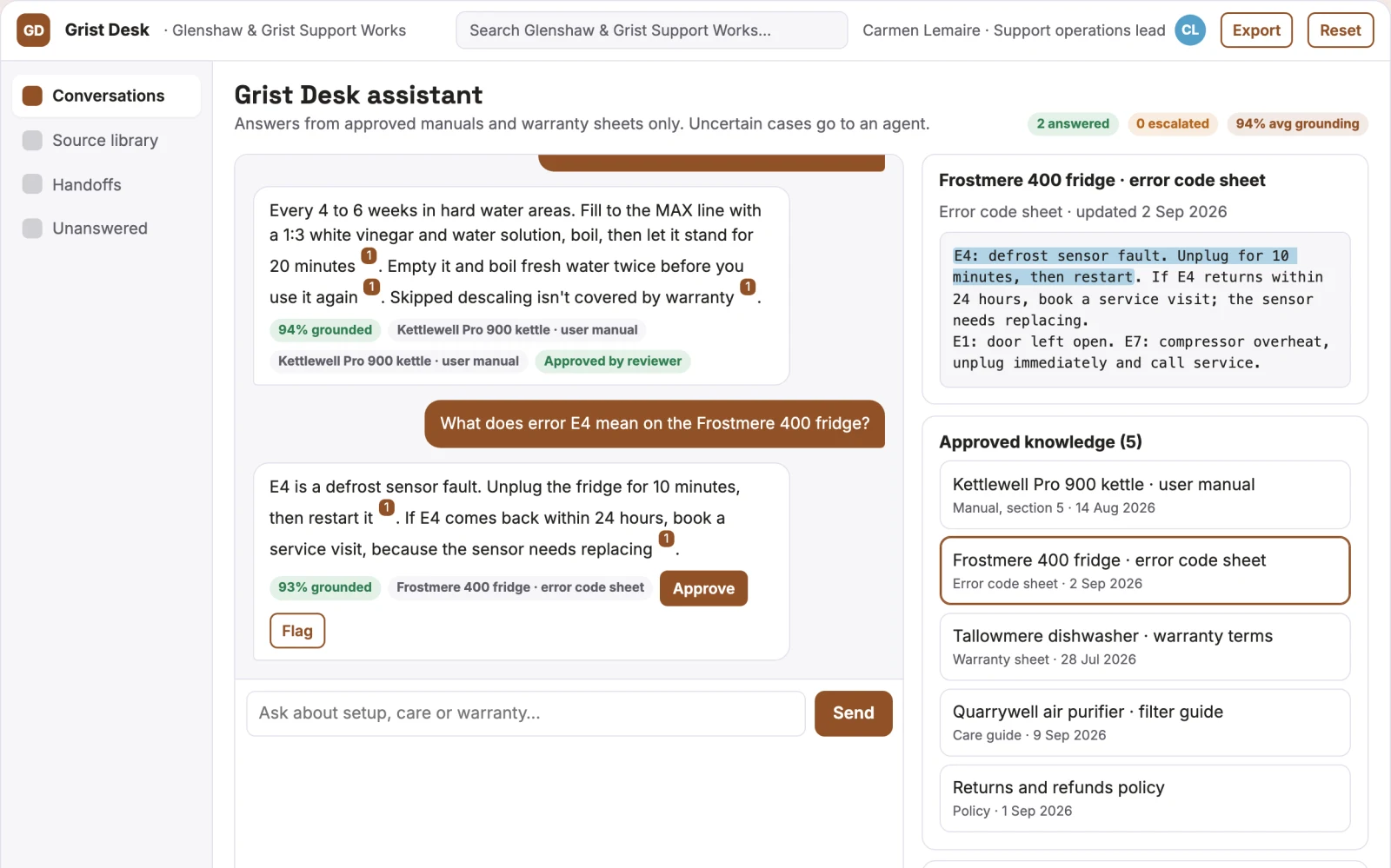 Screenshot of the Source-linked support chatbot operations console interactive demo