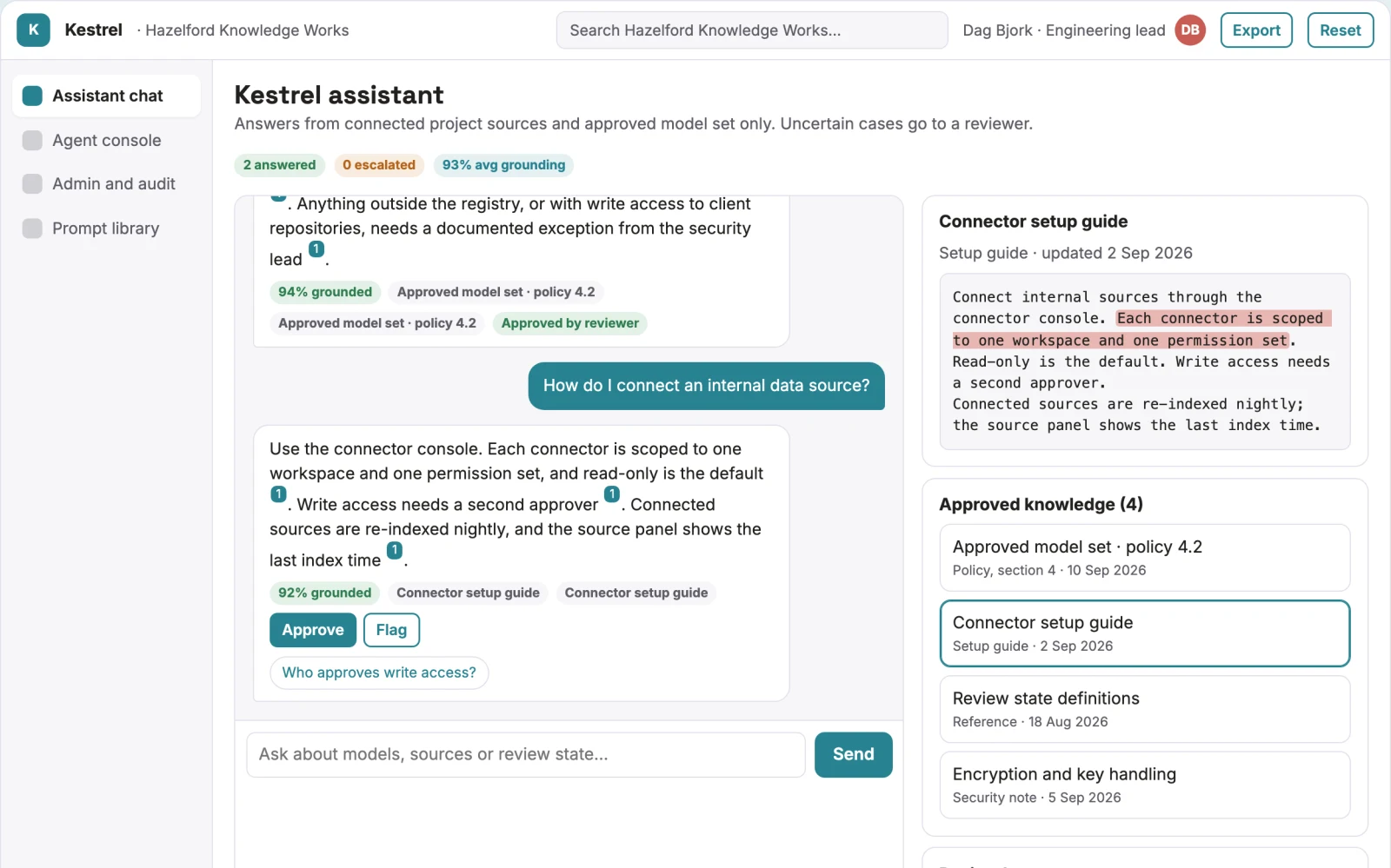 Screenshot of the Source-linked team AI assistant and admin console interactive demo