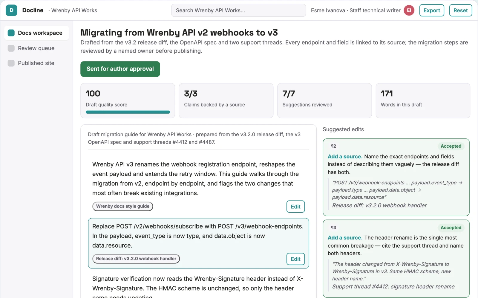 Screenshot of the Source-linked technical documentation workspace interactive demo