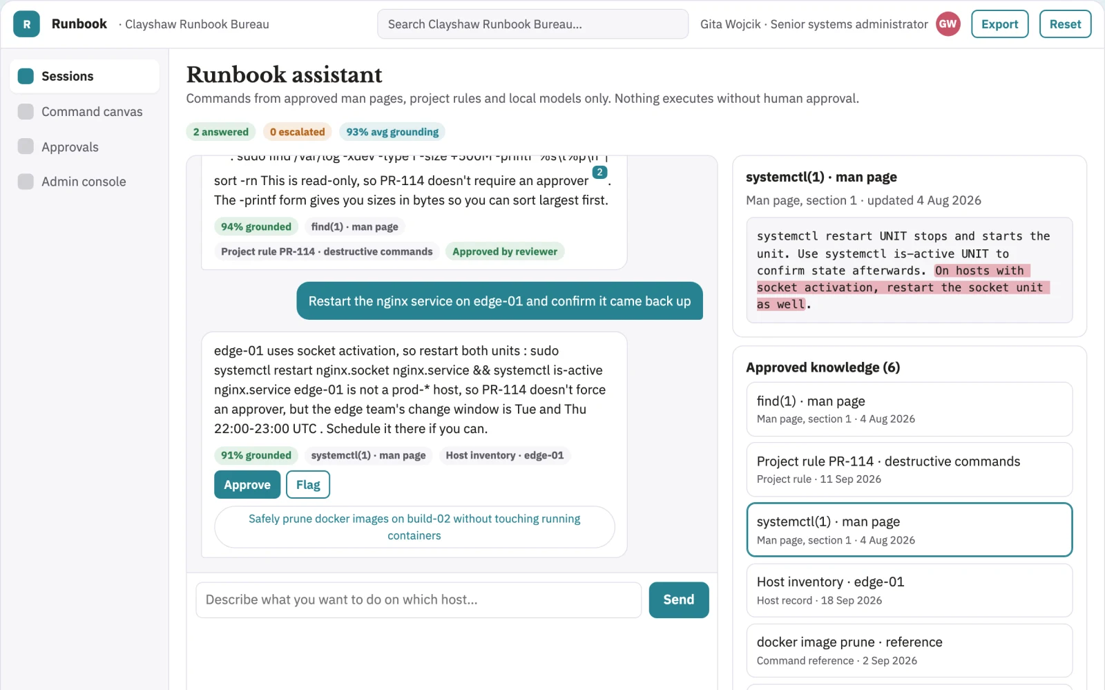 Screenshot of the Source-linked terminal command assistant and admin console interactive demo