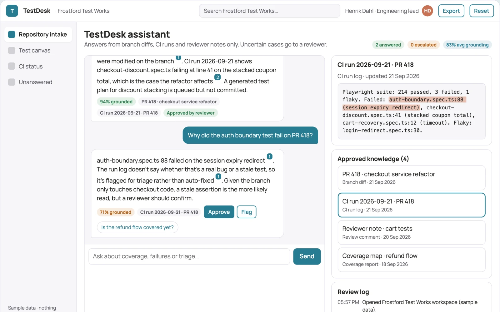 Screenshot of the Source-linked test generation and maintenance console interactive demo
