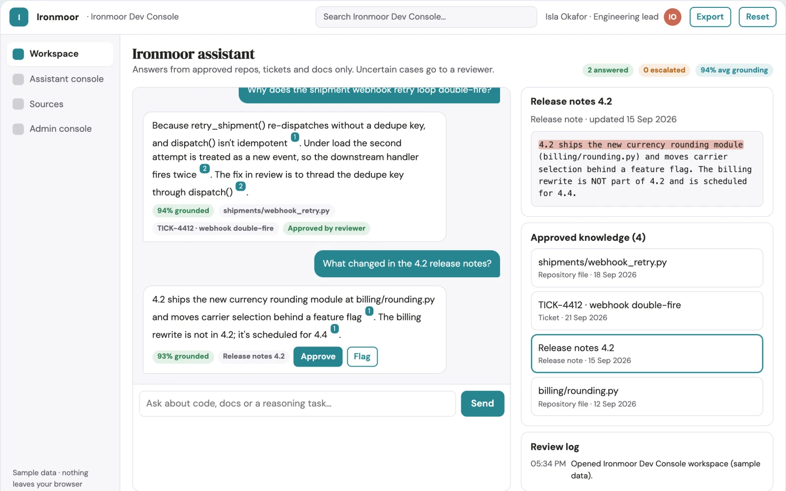 Screenshot of the Source-linked text and code reasoning workbench interactive demo