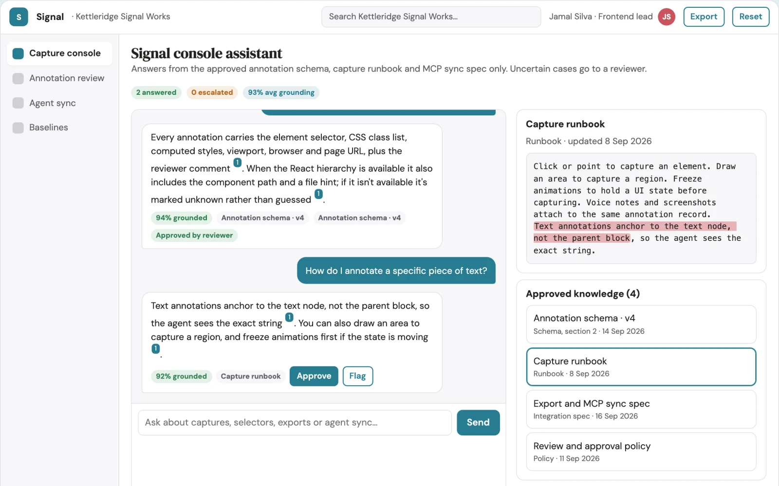 Screenshot of the Source-linked UI feedback capture console interactive demo