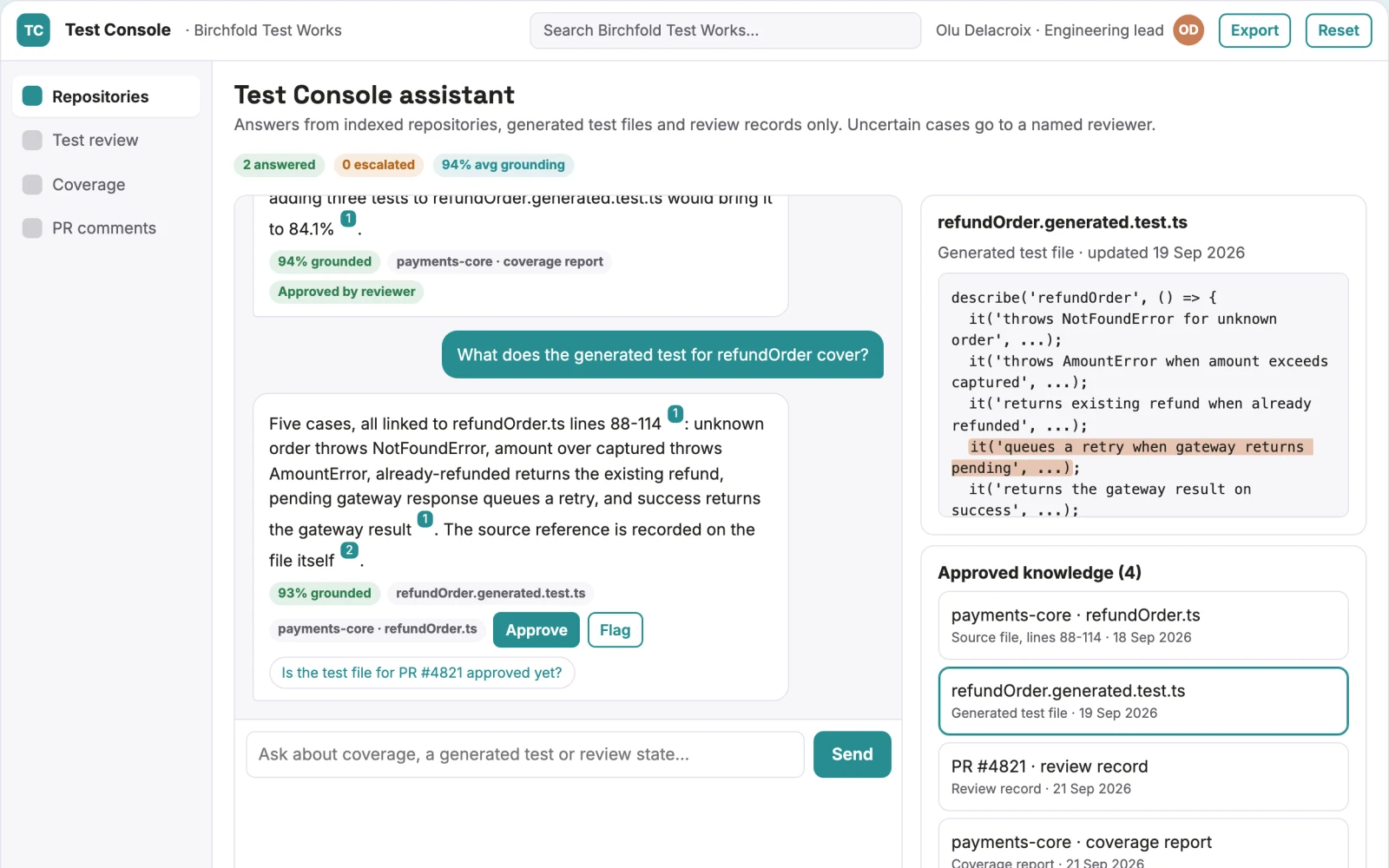 Screenshot of the Source-linked unit test generation console interactive demo