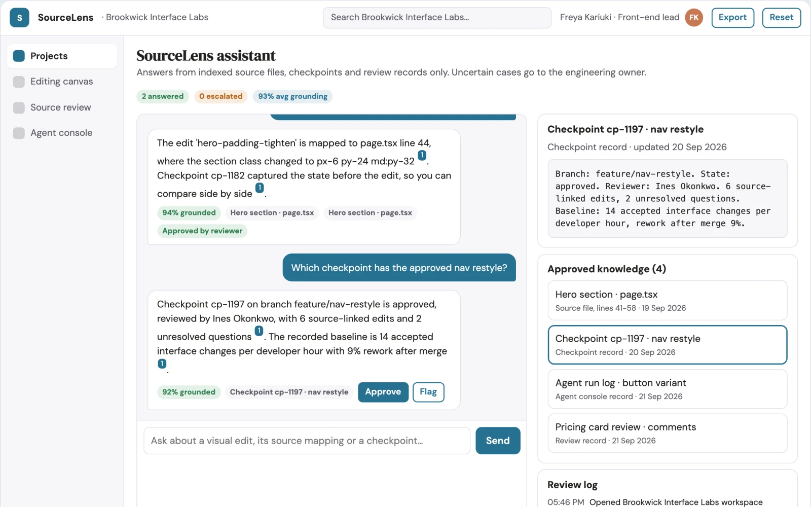 Screenshot of the Source-linked visual interface editing console interactive demo