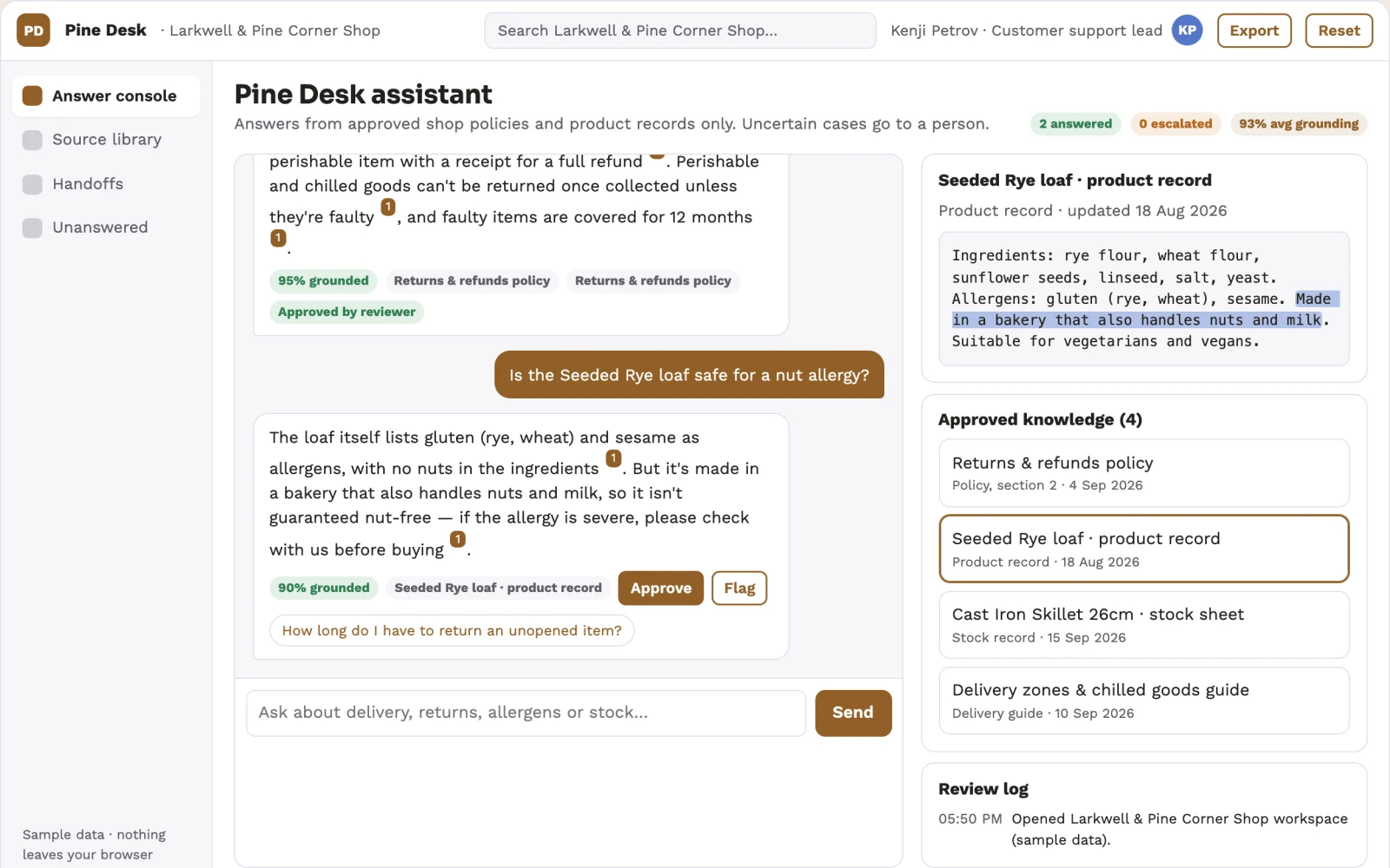 Screenshot of the Source-linked website answer and explanation console interactive demo