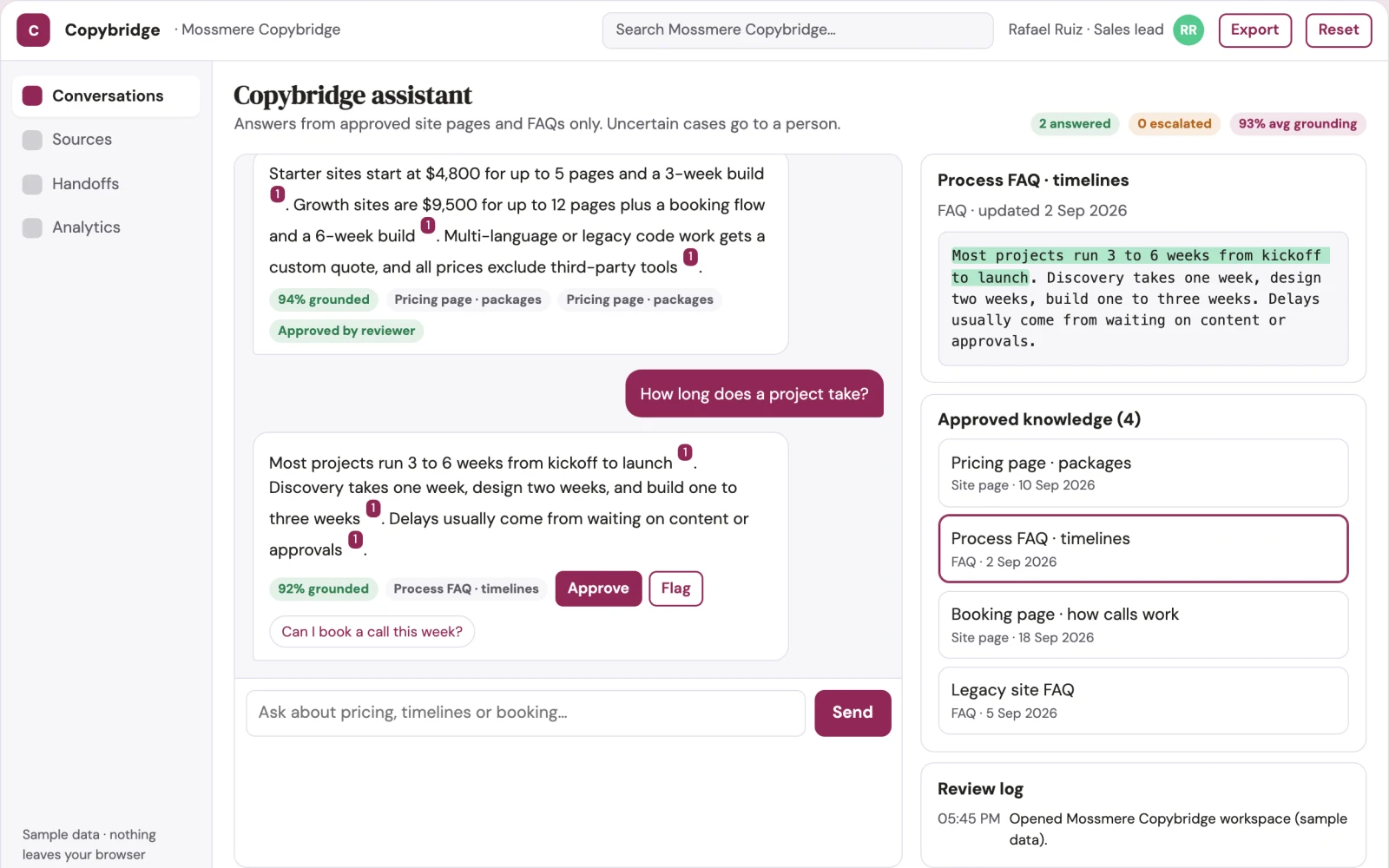 Screenshot of the Source-linked website assistant and action console interactive demo