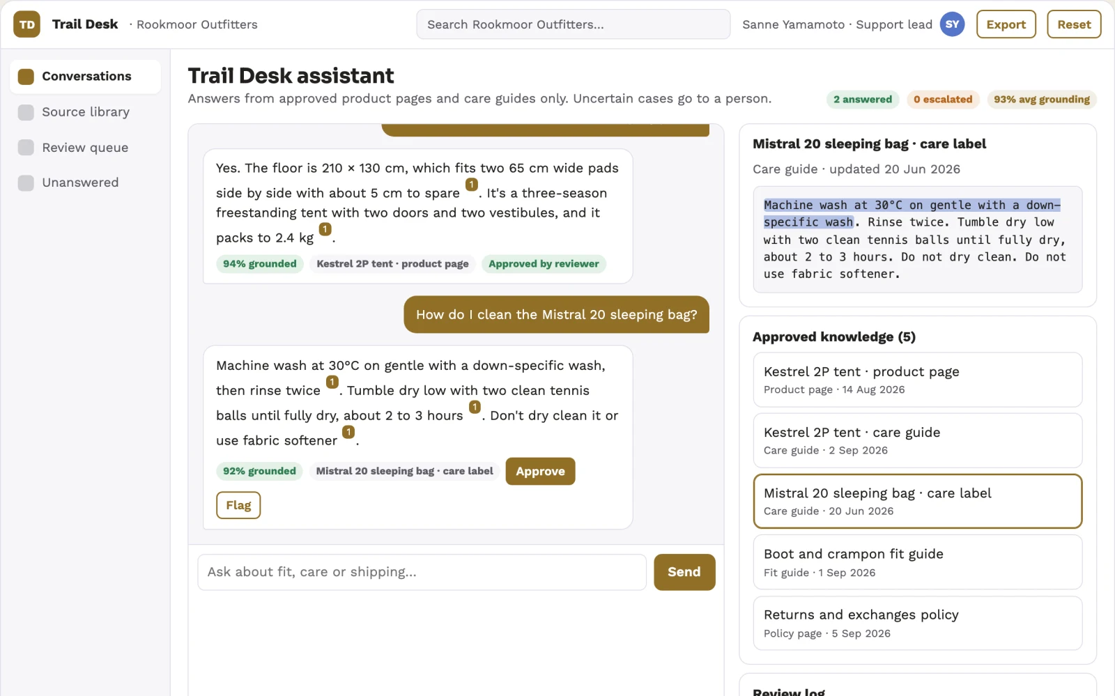 Screenshot of the Source-linked website assistant and support console interactive demo
