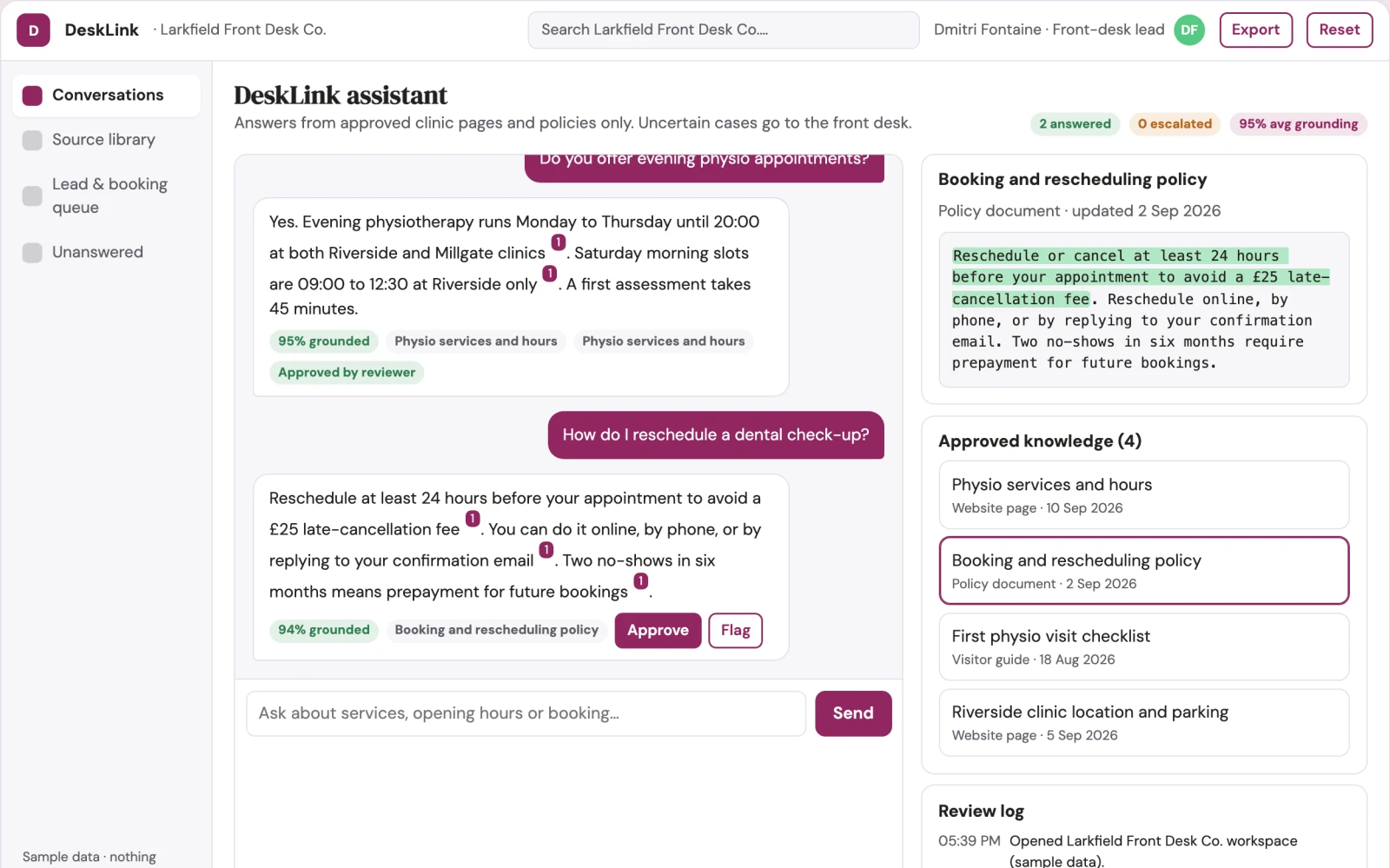 Screenshot of the Source-linked website engagement and booking console interactive demo