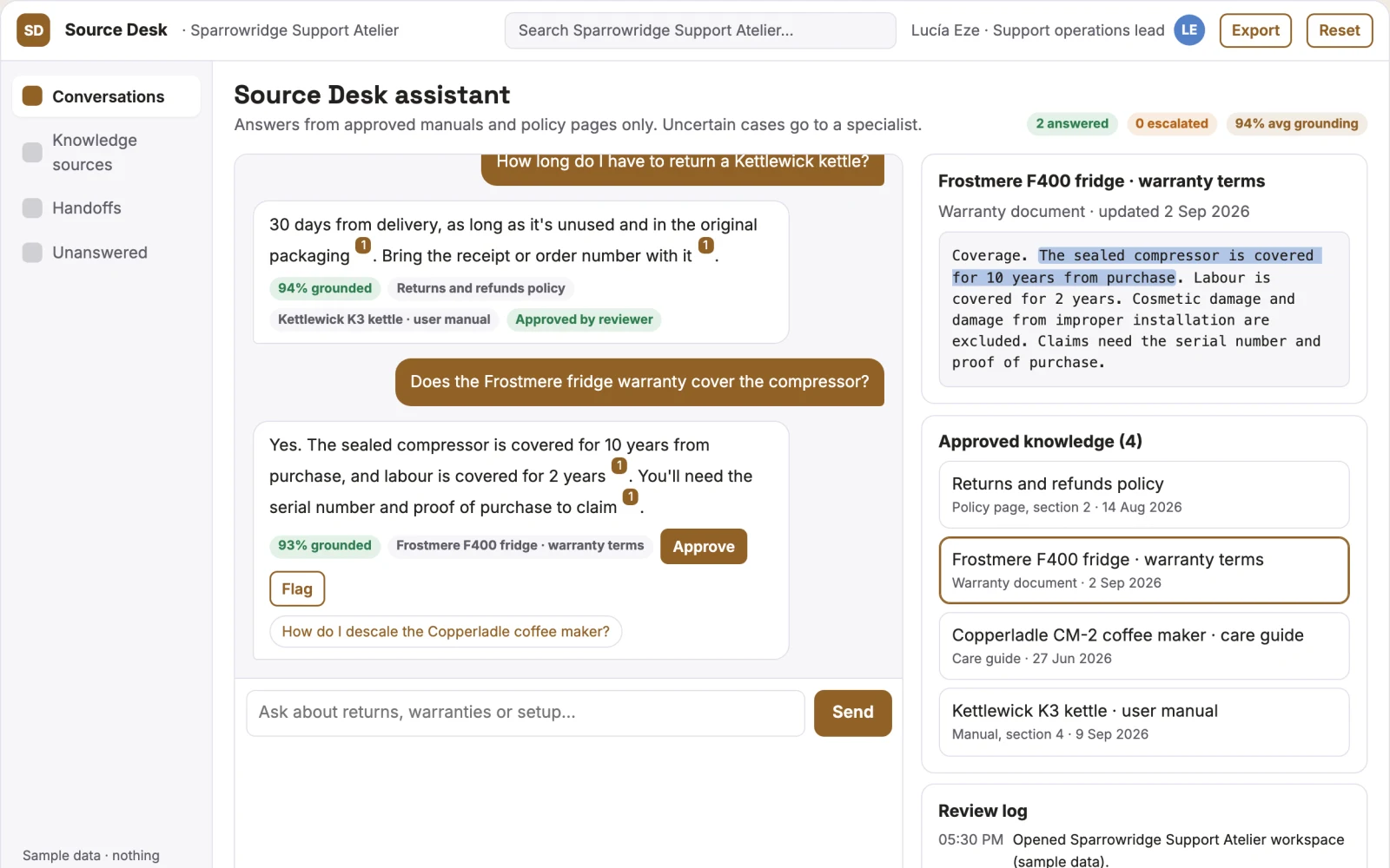 Screenshot of the Source-linked website support assistant console interactive demo