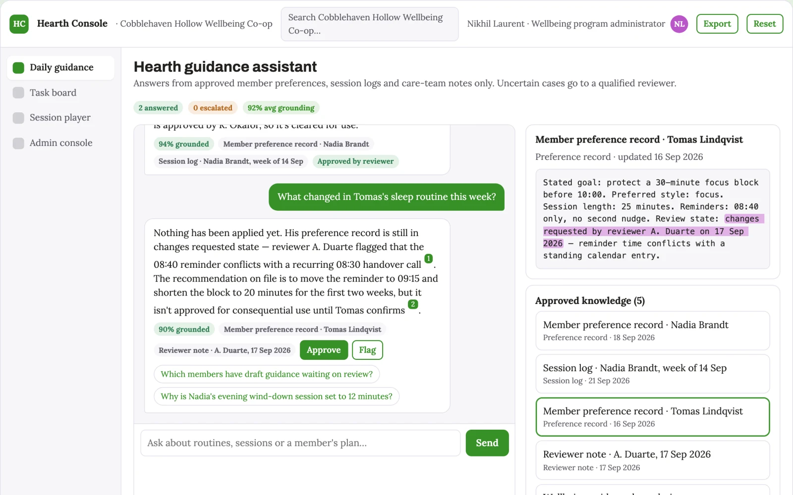 Screenshot of the Source-linked wellbeing guidance and daily-life console interactive demo