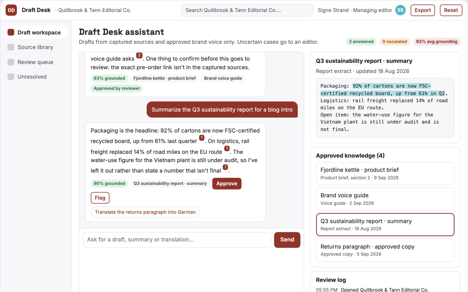 Screenshot of the Source-linked writing and browsing assistant console interactive demo