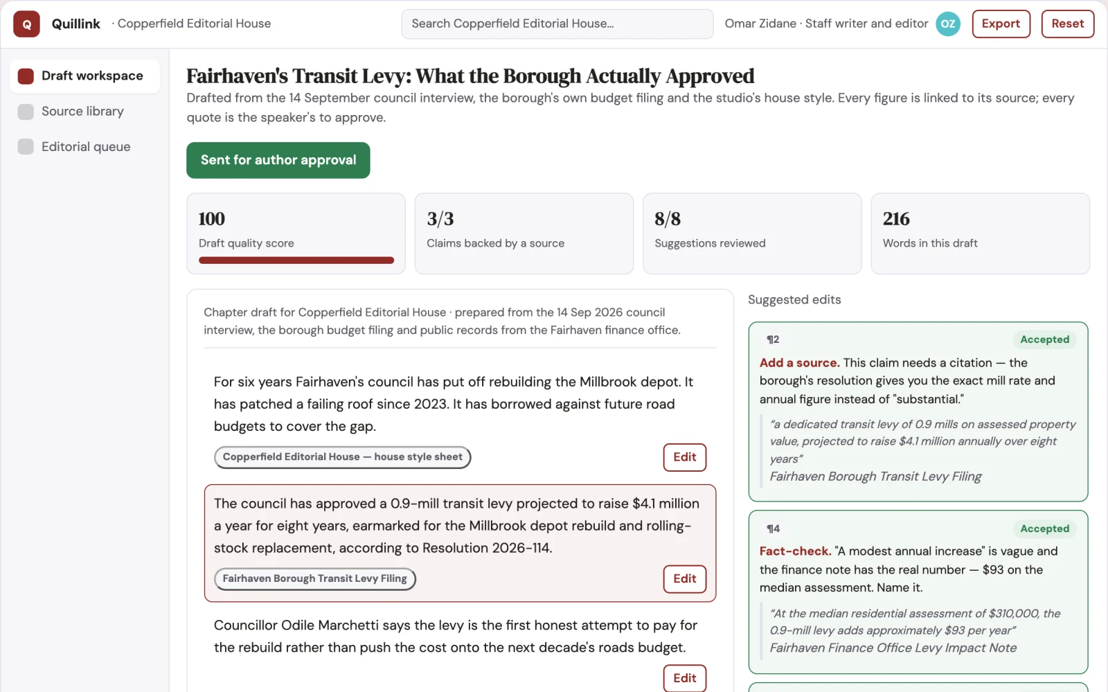Screenshot of the Source-linked writing and editorial delivery workspace interactive demo