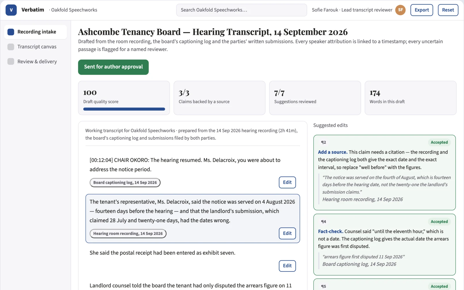 Screenshot of the Source recording to reviewed transcript workspace interactive demo