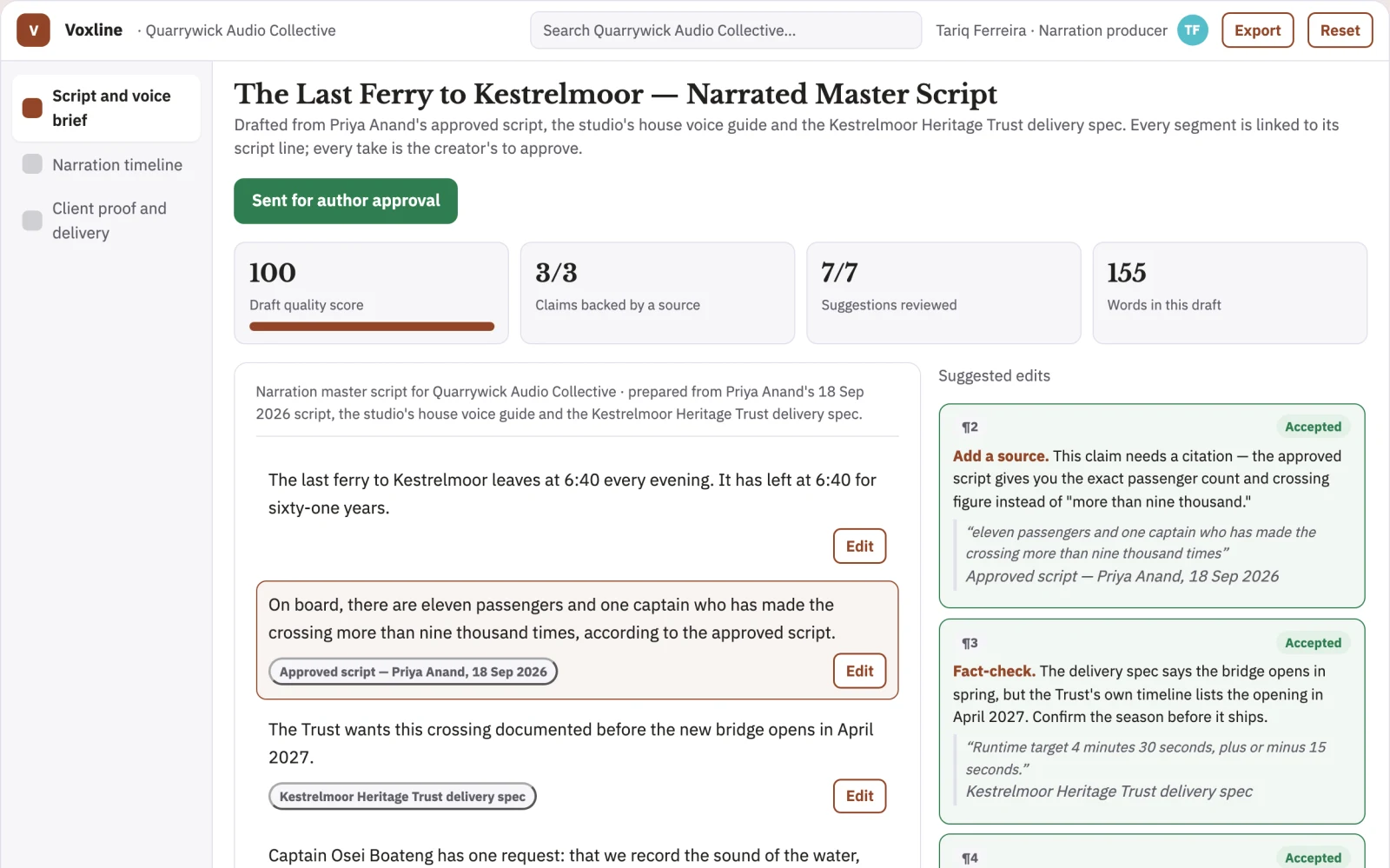 Screenshot of the Source-text to narrated voiceover studio interactive demo