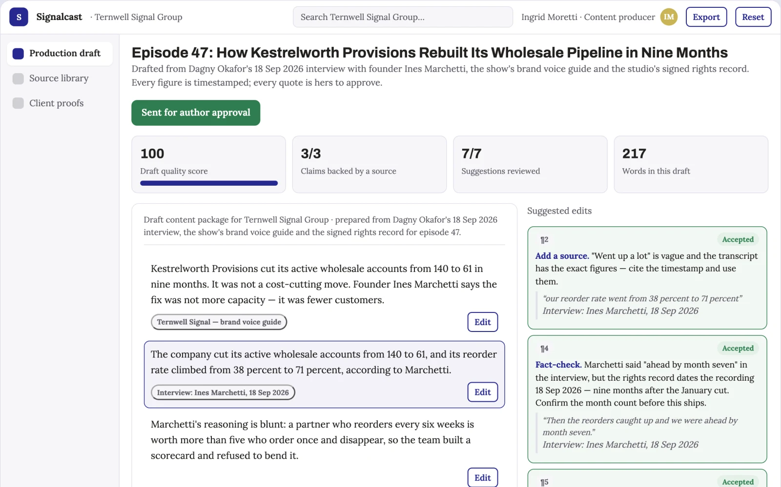 Screenshot of the Source-to-multichannel content production workspace interactive demo