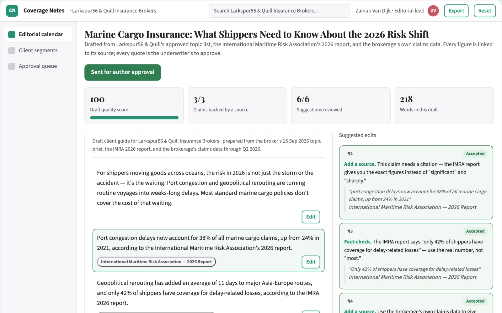 Demo screen of Specialist insurance content subscription