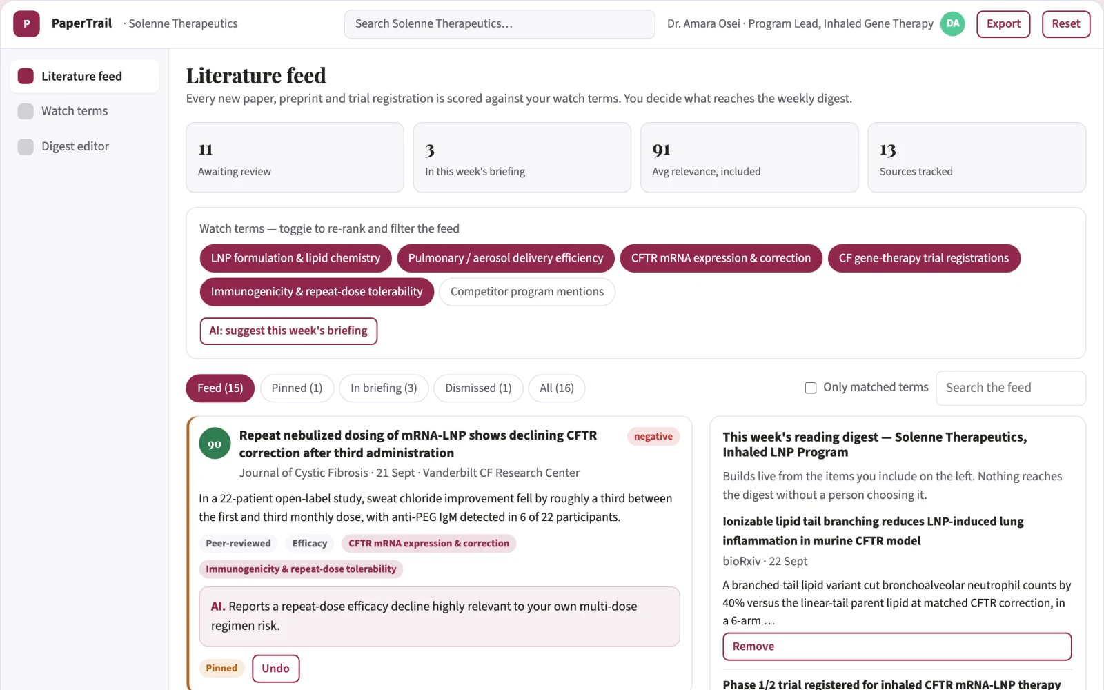 Screenshot of the Specialist literature monitoring interactive demo