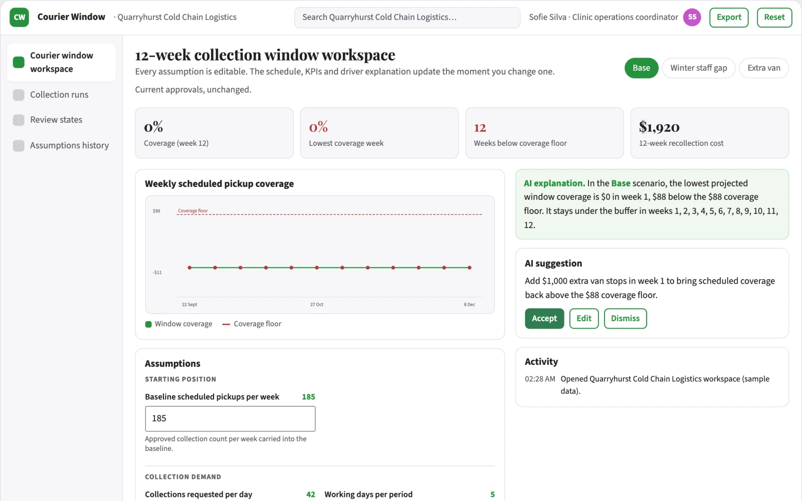 Screenshot of the Specimen courier window coordinator interactive demo