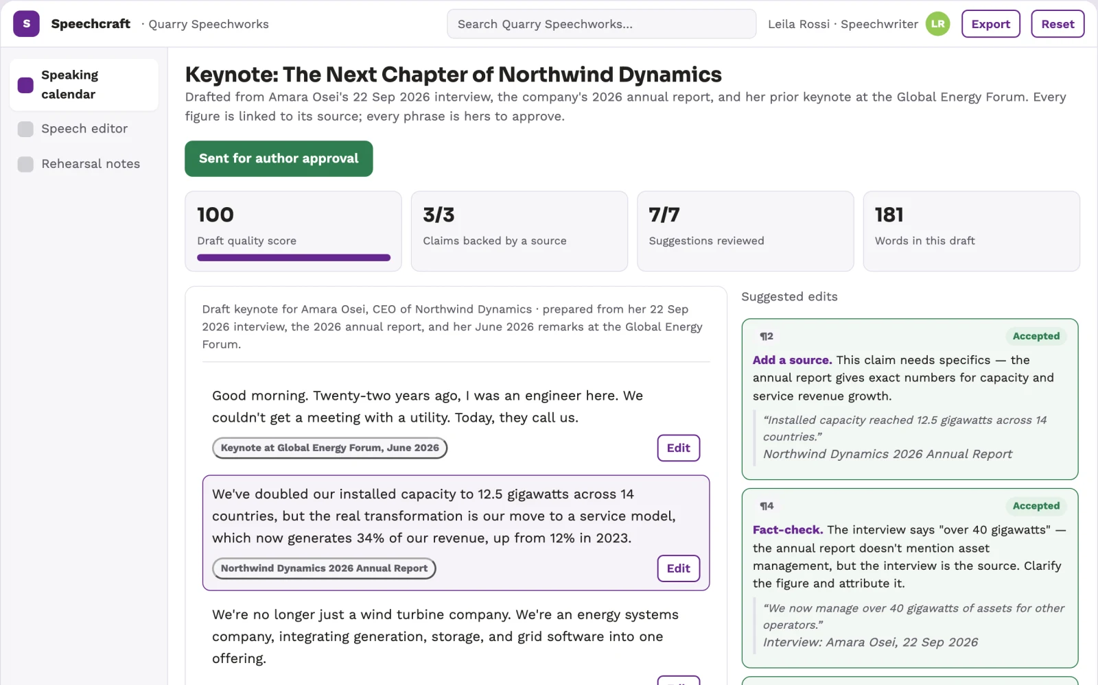 Demo screen of Speechwriting subscription