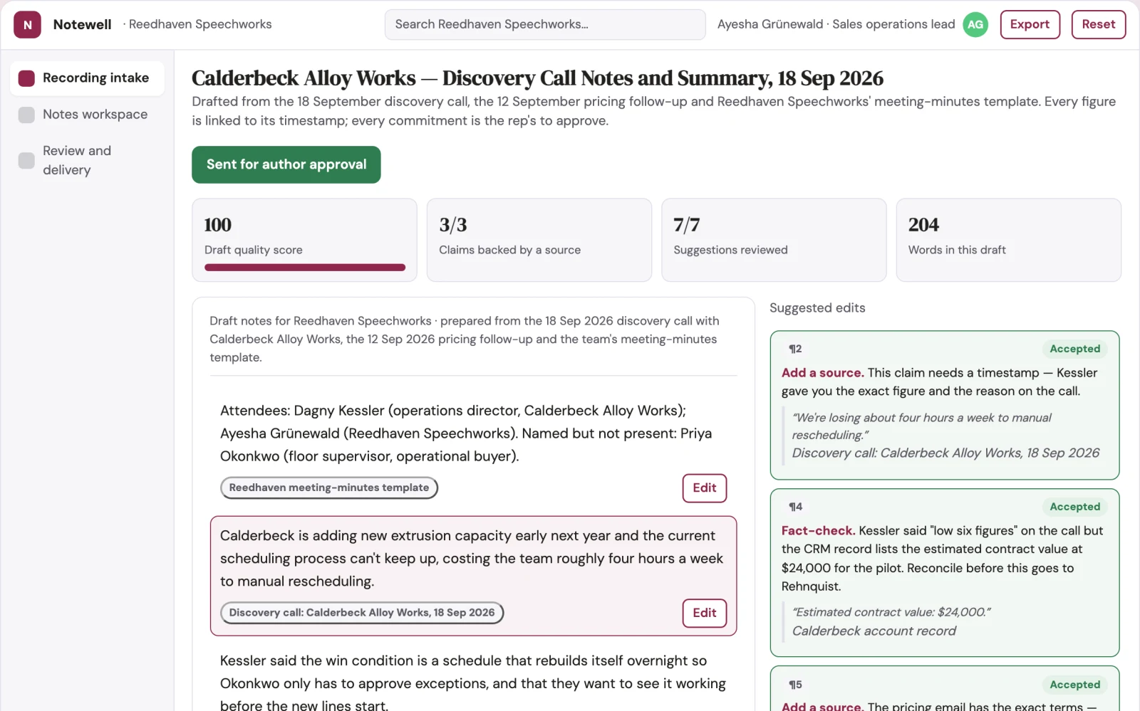 Screenshot of the Spoken audio to organized written notes workspace interactive demo