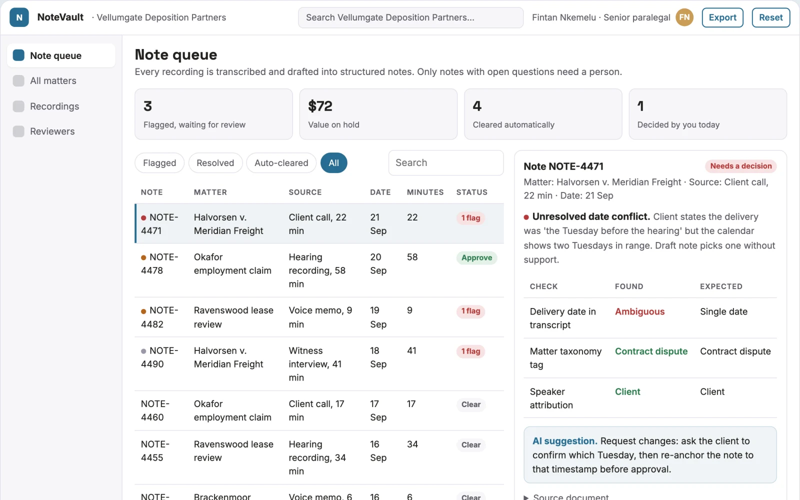 Screenshot of the Spoken audio to searchable legal notes library interactive demo