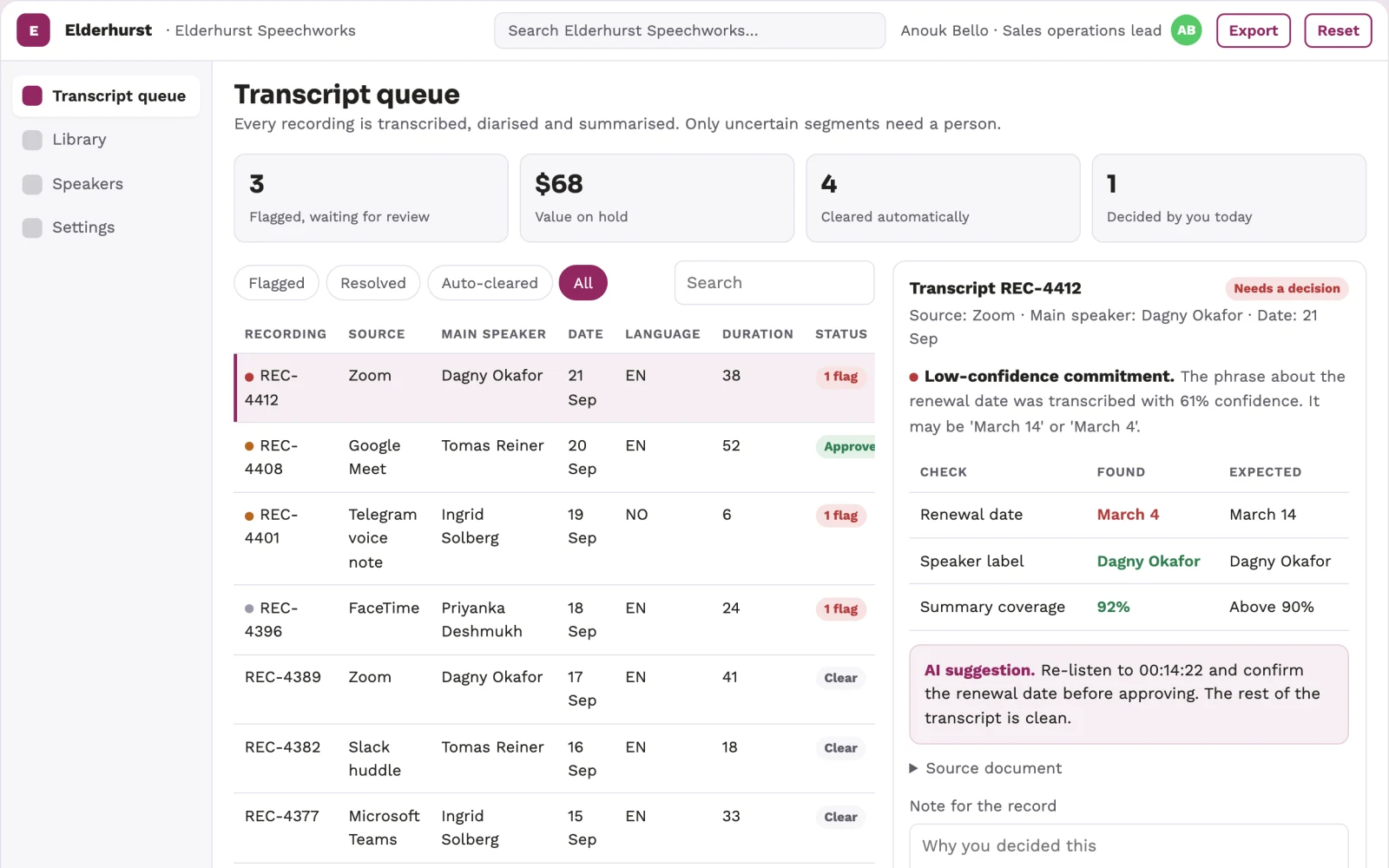Screenshot of the Spoken conversation transcript and highlight library interactive demo