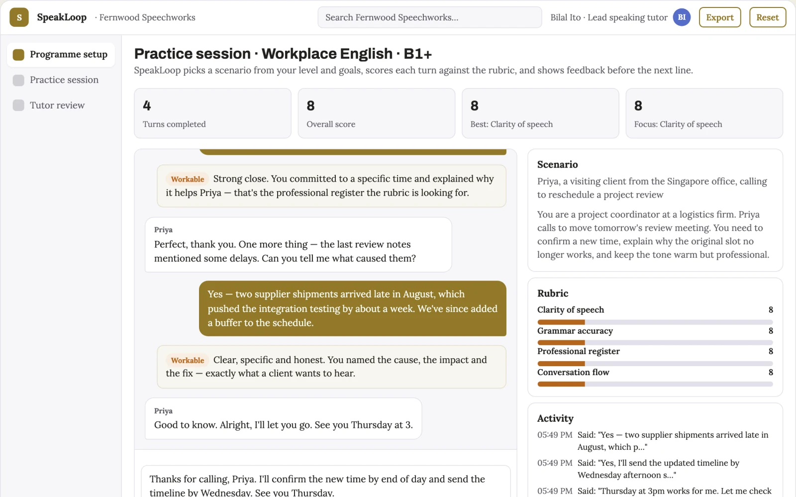 Screenshot of the Spoken English practice and feedback studio interactive demo