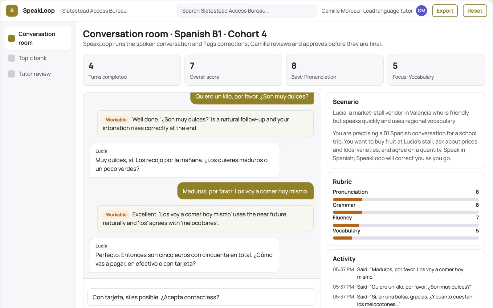 Screenshot of the Spoken language practice conversation studio interactive demo
