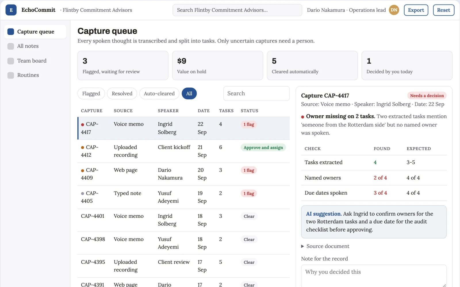 Screenshot of the Spoken thought capture and task coordination portal interactive demo