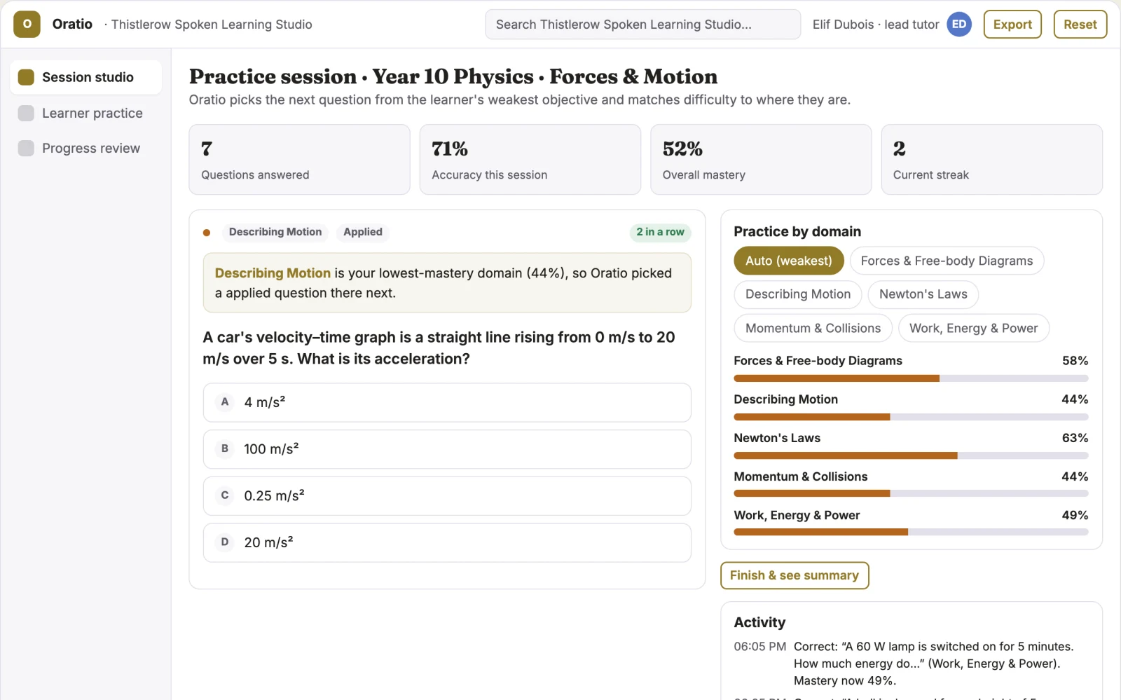 Screenshot of the Spoken tutoring and adaptive practice studio interactive demo